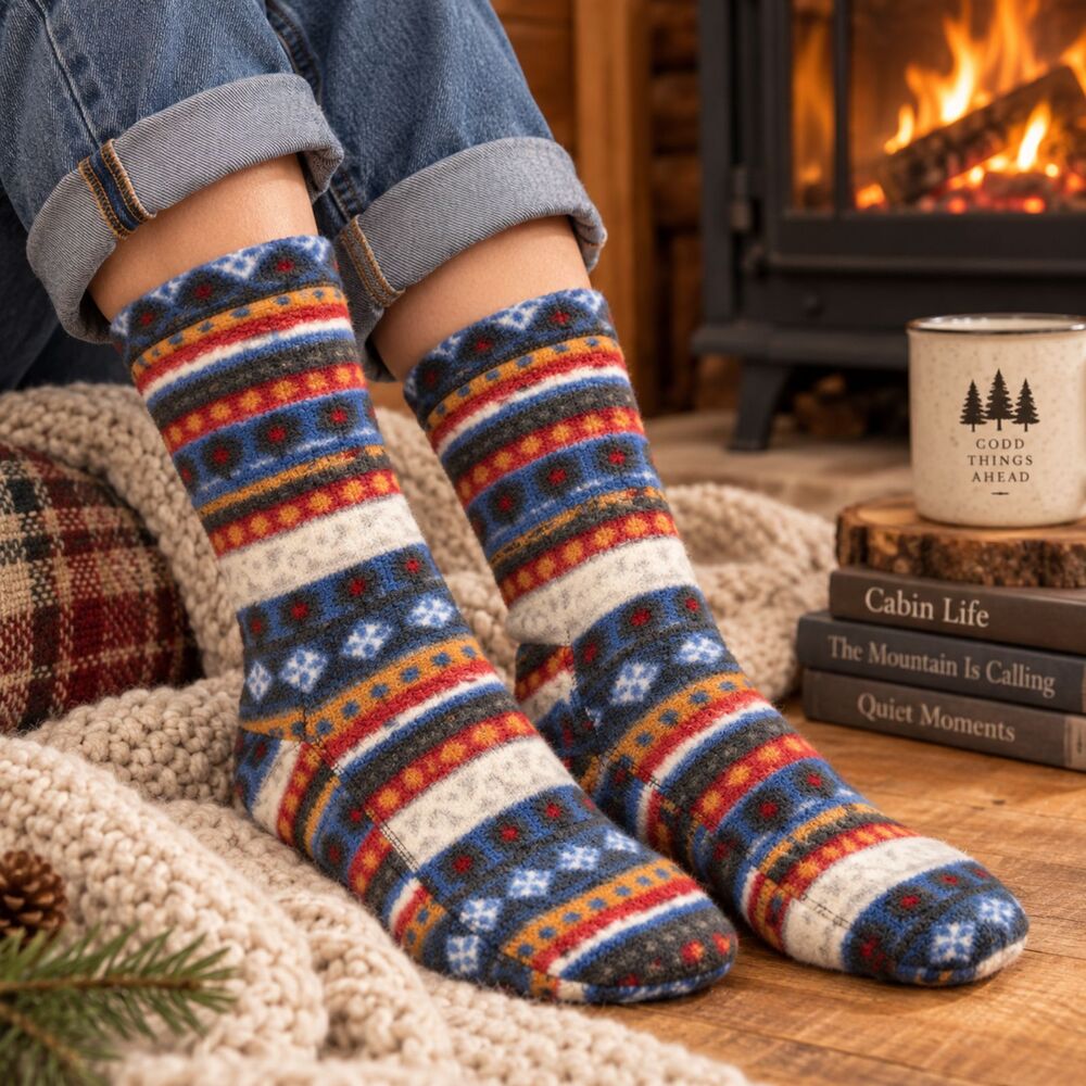 Acorn Fleece Socks Unisex S Multicolor Geometric Nordic Boot Cabin Winter Cozy